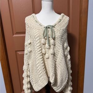 POL Cream Knit Poncho with Green Accents